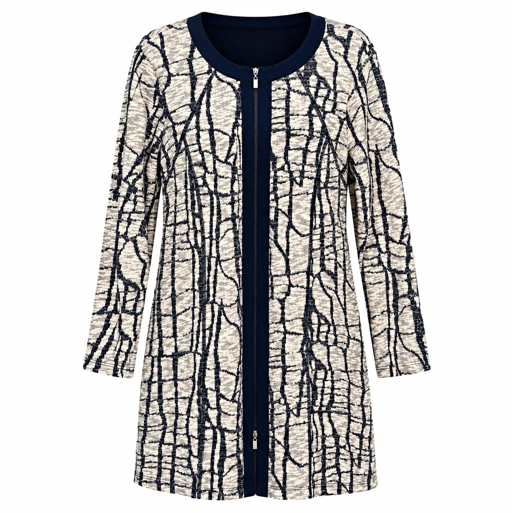 Women's Abstract Knit Zip Front Long Cardigan Jacket Navy Cream L/XL Artsy